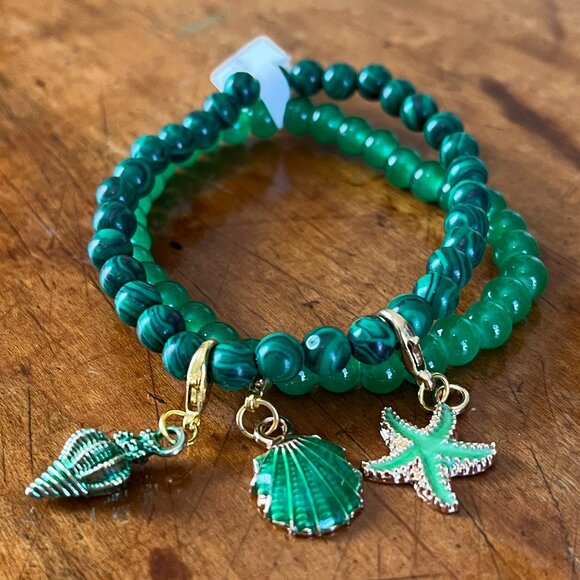 Charmze Set of Two Malachite and Crystal Beaded Stretch Bracelets With Charms - Picture 2 of 5